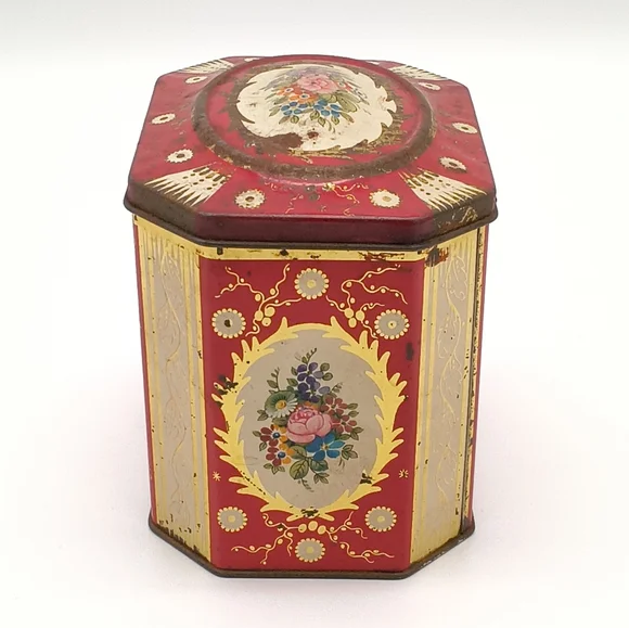 Vintage Gray Dunn Octagonal Floral Biscuit Tin (Scotland, 1853) - Picture 2 of 14